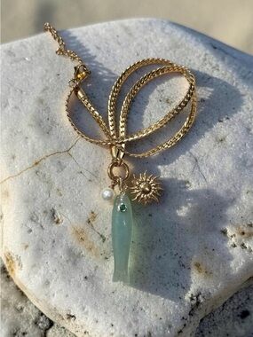 Gold Chain Necklace with Jade Green Fish Pendant, Sun & Pearl Charms